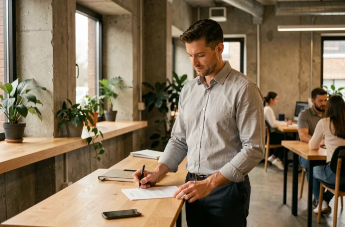 Homme vacataire lisant et signant un contrat de vacation dans un espace de coworking moderne