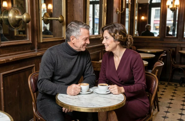 Couple élégant partageant un café dans une brasserie parisienne traditionnelle, dans une atmosphère chaleureuse et intime