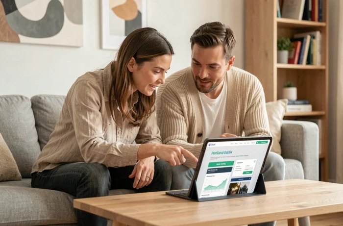 Couple comparant des simulations de prêt personnel sur une tablette dans un salon moderne