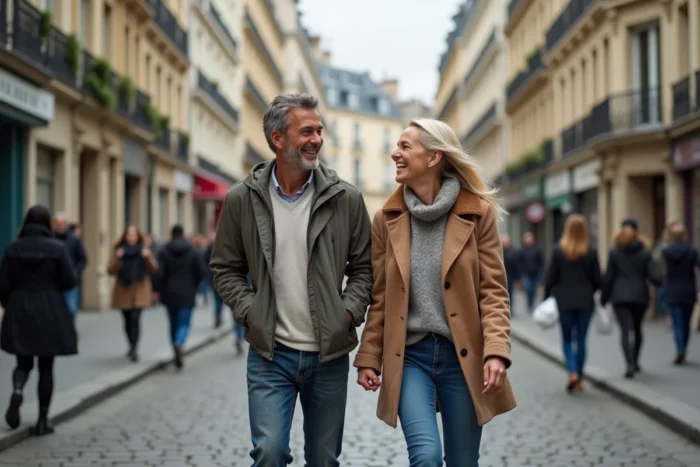 Couple complice se promenant dans les rues de Paris, évoquant la vie de couple d'un humoriste célèbre