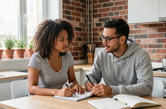 Couple de parents discutant ensemble d'approches bienveillantes autour d'un journal parental dans une cuisine moderne