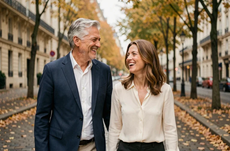 Couple complice se promenant sur un boulevard parisien en automne, partageant un moment de complicité parmi les feuilles dorées