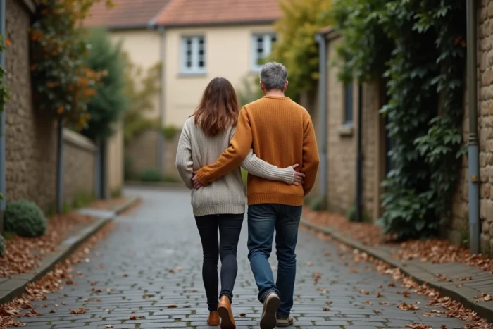 Couple en promenade dans une rue pavée arborée, dos à l'appareil photo, illustrant la discrétion et la préservation de l'intimité du couple