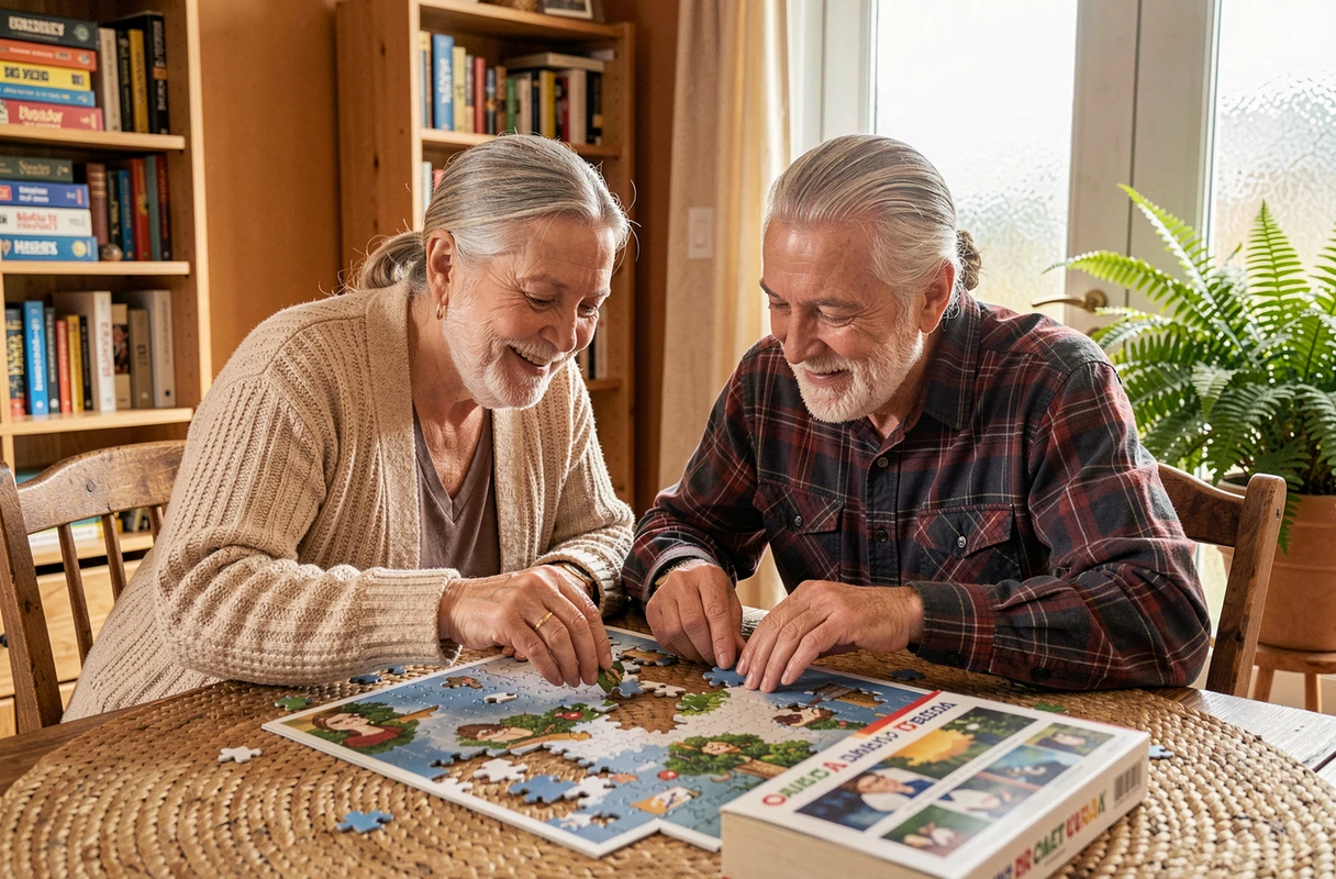 Couple de seniors assemblant un puzzle ensemble dans un salon chaleureux lors d'une activité ludique à domicile
