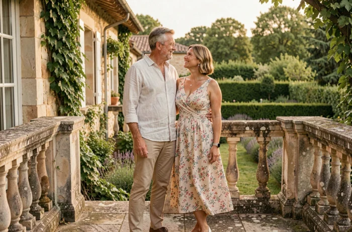 Couple serein sur la terrasse d'une maison de campagne française, contemplant le jardin fleuri dans une atmosphère paisible