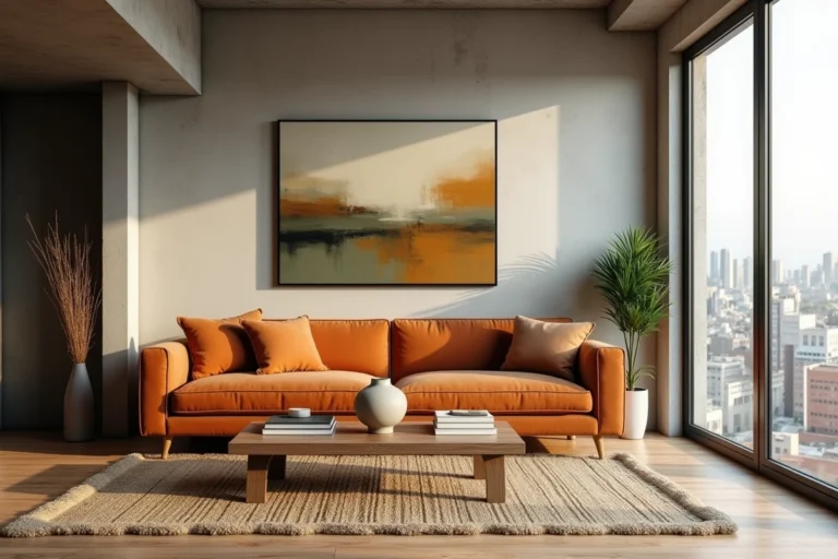 Salon moderne décoré avec un canapé en terracotta, une table basse en bois et une peinture abstraite sur un mur en plâtre texturé