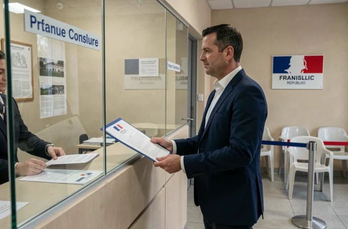 Homme déposant une demande d'acte de naissance au guichet d'un consulat français à l'étranger