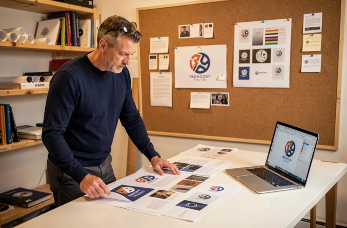 Designer graphique analysant la nouvelle identité visuelle et le logo Castorama 2026 dans un studio créatif