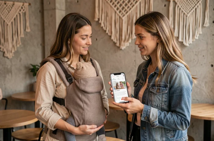 Deux jeunes mères discutant dans un café en comparant Yamonbebe et les blogs classiques de puériculture sur un smartphone, l'une portant son bébé dans un porte-bébé