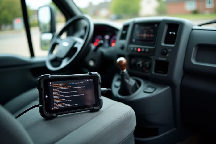 Outil de diagnostic OBD branché dans un Iveco Daily affichant des codes de défaut liés aux voyants du tableau de bord