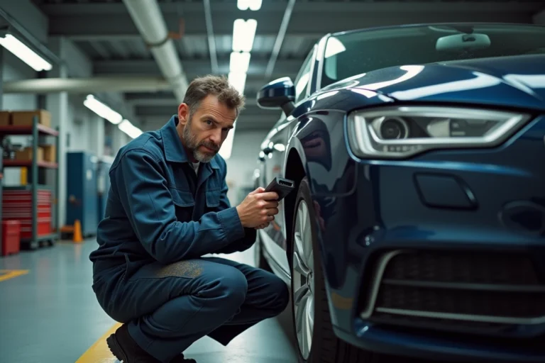 Technicien automobile branchant un scanner OBD pour diagnostiquer le voyant EPC allumé sur une Audi dans un garage professionnel