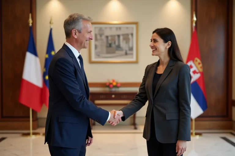 Diplomates français et serbes se serrant la main lors d'une cérémonie officielle dans un consulat