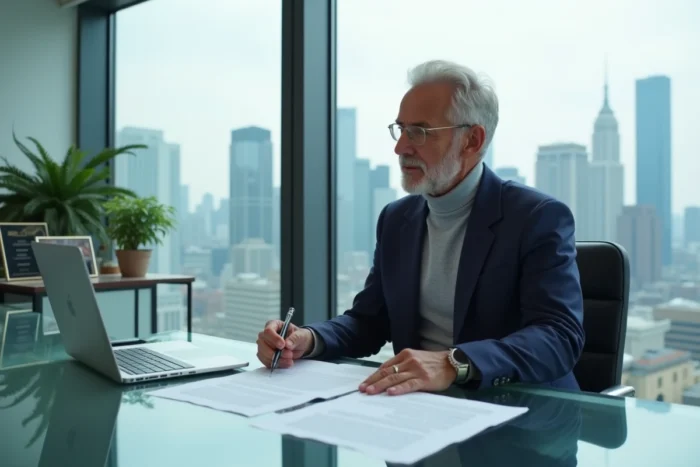 Dirigeant de l'industrie musicale dans un bureau modern avec vue panoramique sur la ville examinant des contrats