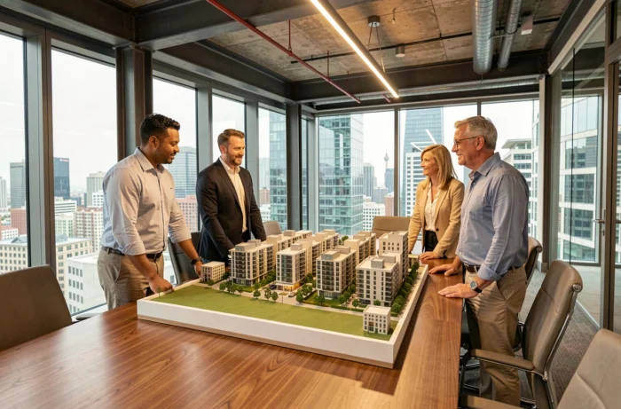 Dirigeants immobiliers autour d'une maquette architecturale dans une salle de conseil moderne