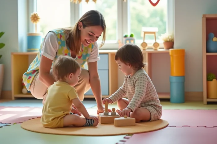 Une éducatrice de jeunes enfants en crèche municipale jouant et interagissant avec des tout-petits dans une salle colorée