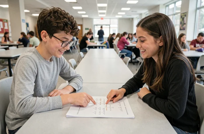 Deux collégiens travaillant ensemble sur un problème de mathématiques dans la cafétéria de leur école, partageant des stratégies avec le sourire