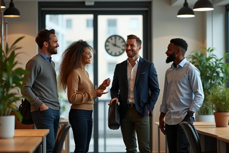 Des professionnels souriants quittant leur bureau à 16h, illustrant la conciliation vie professionnelle et personnelle