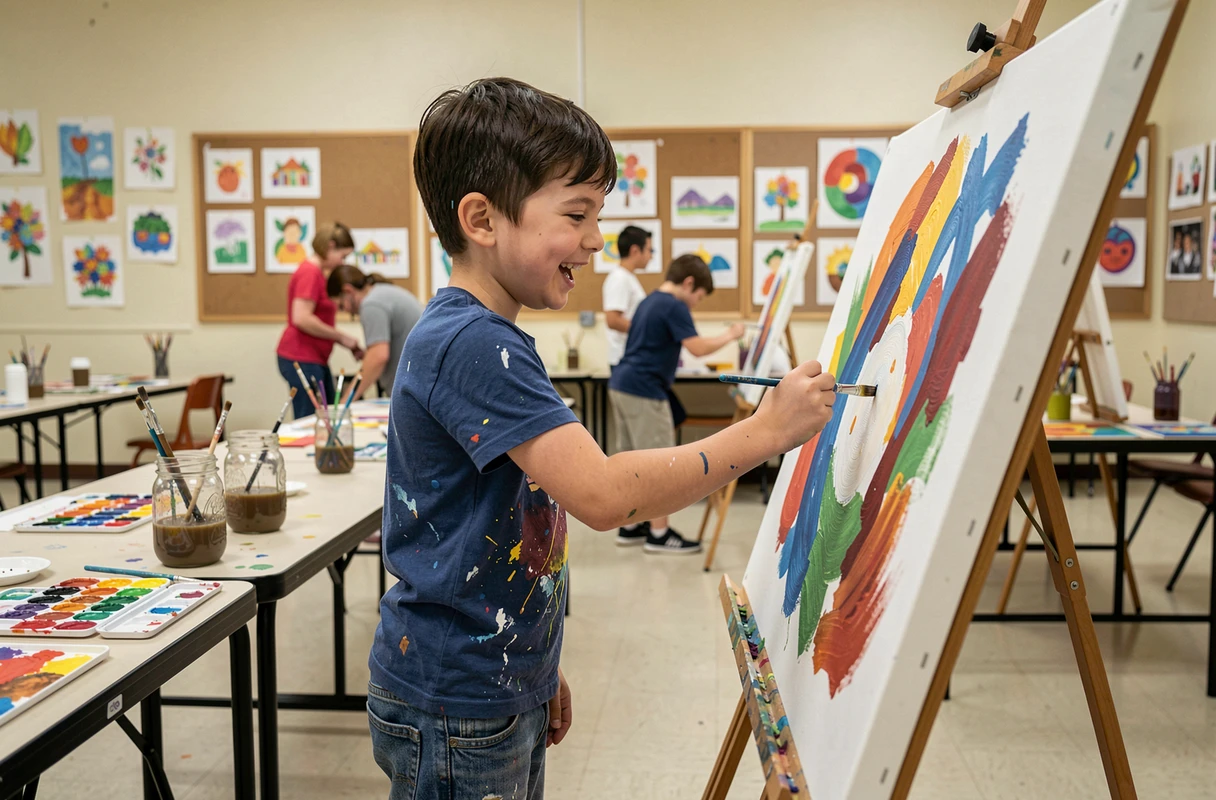 Enfant peignant sur une toile lors d'un cours de loisirs créatifs en salle d'art communautaire