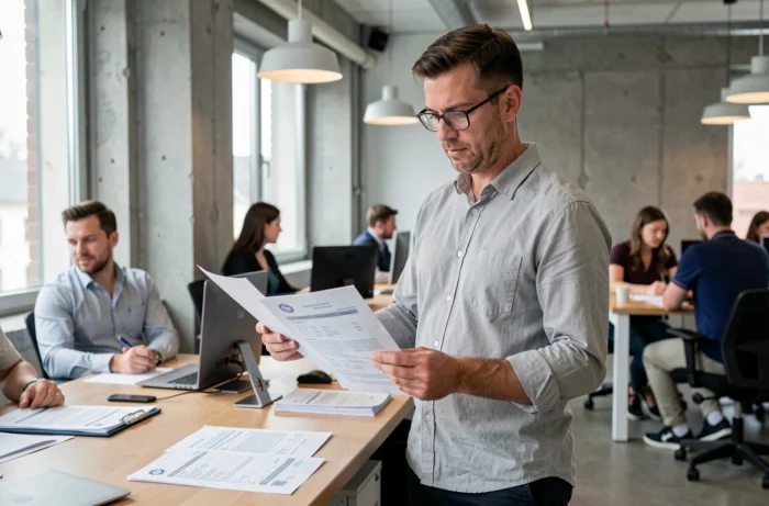 Entrepreneur examinant des documents officiels d'extrait Kbis dans un espace de coworking contemporain