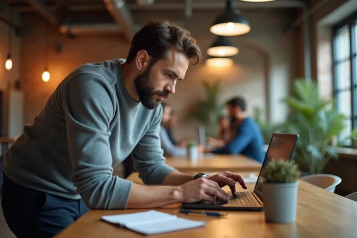 Entrepreneur consultant des ressources en ligne pour booster son business dans un espace de co-working moderne