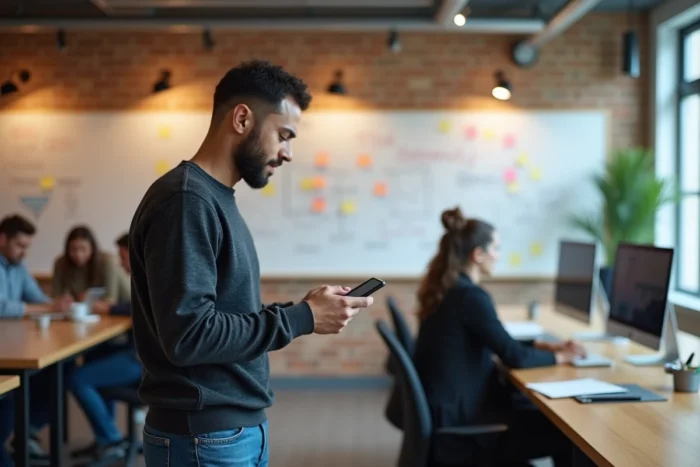 Entrepreneur masculin consultant une campagne sur smartphone devant un tableau blanc rempli de stratégies marketing dans un espace de coworking
