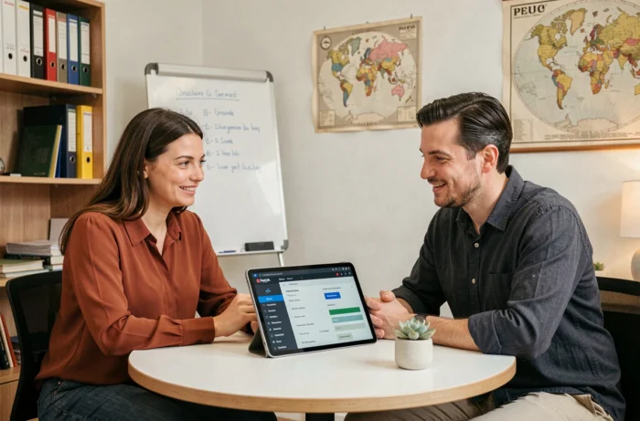 Deux entrepreneurs discutant des démarches d'inscription sur MonIdenum autour d'une tablette dans un bureau de startup