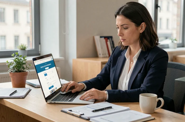 Entrepreneuse consultant le portail MonIdenum sur son ordinateur portable dans un bureau moderne pour obtenir son Kbis gratuit