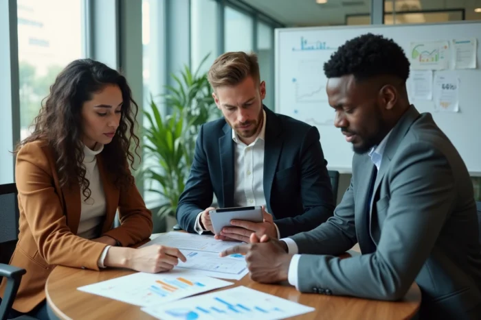 Équipe de professionnels collaborant autour de ressources en ligne pour accélérer la croissance de leur entreprise
