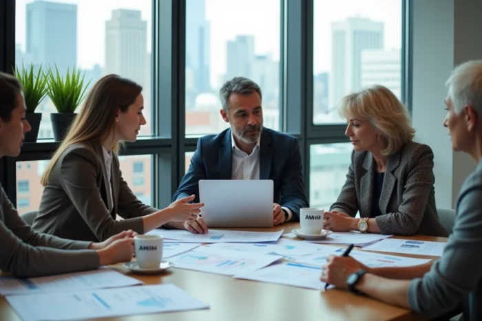 Équipe professionnelle diversifiée réunissant autour d'une table pour analyser des rapports de marketing digital et de référencement SEO