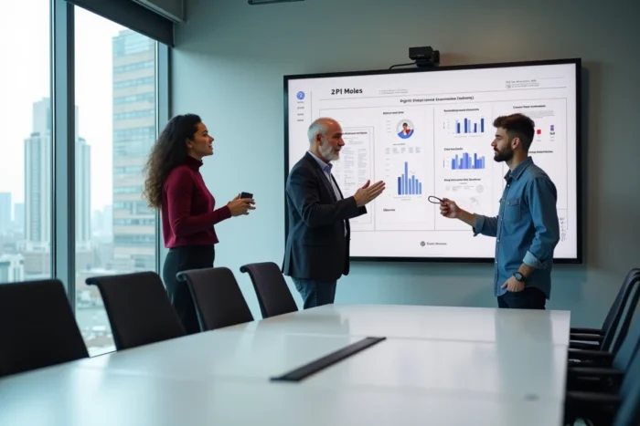 Équipe diverse de professionnels en réunion devant un tableau blanc numérique présentant une feuille de route de transformation digitale