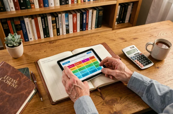 Vue de dessus d'un espace de travail professionnel avec tablette affichant un tableau comparatif de retour sur investissement et agenda ouvert
