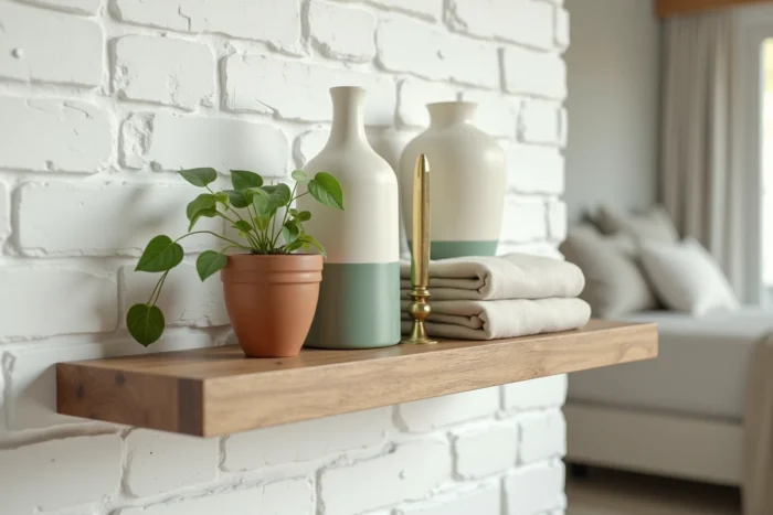 Étagère décorée avec des céramiques artisanales, une plante pothos et un bougeoir en laiton vintage sur un mur en brique blanchie