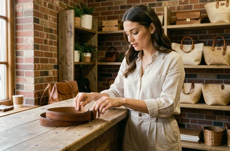 Femme inspectant une ceinture en cuir artisanale dans une boutique d'accessoires responsables aux murs en briques