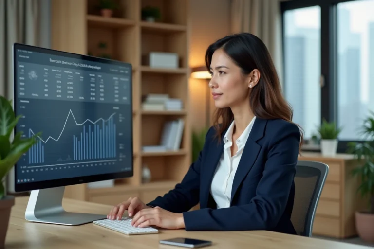 Femme d'affaires analysant des ressources en ligne pour la croissance de son business sur un ordinateur dans un bureau moderne