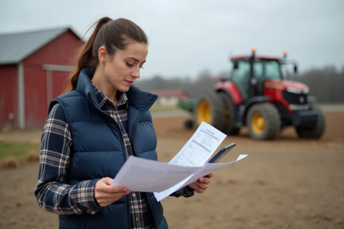 Femme agricultrice comparant des fiches techniques de matériel agricole dans une cour de ferme avec son smartphone