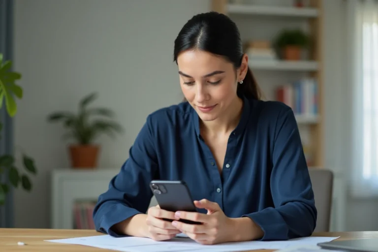 Femme consultant son application bancaire Crédit Agricole sur smartphone pour vérifier son découvert autorisé