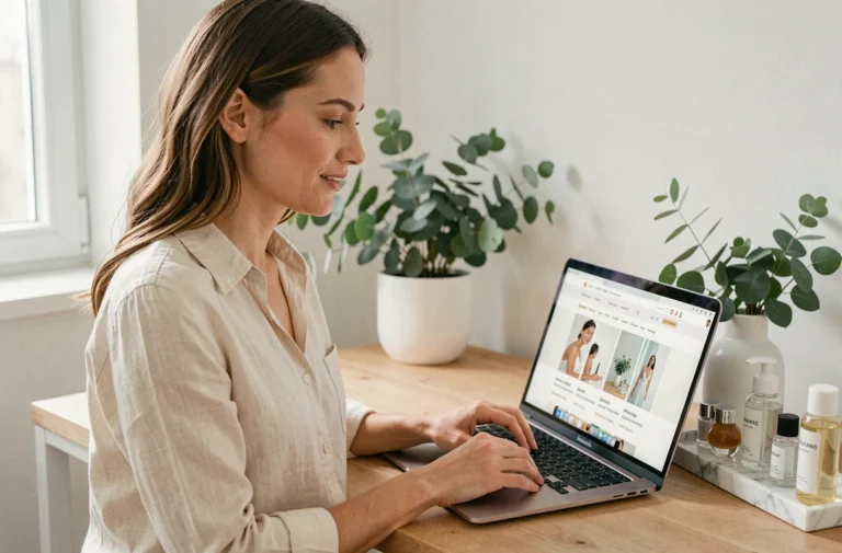 Femme parcourant une boutique en ligne bien-être et beauté sur un laptop dans un bureau minimaliste style scandinave
