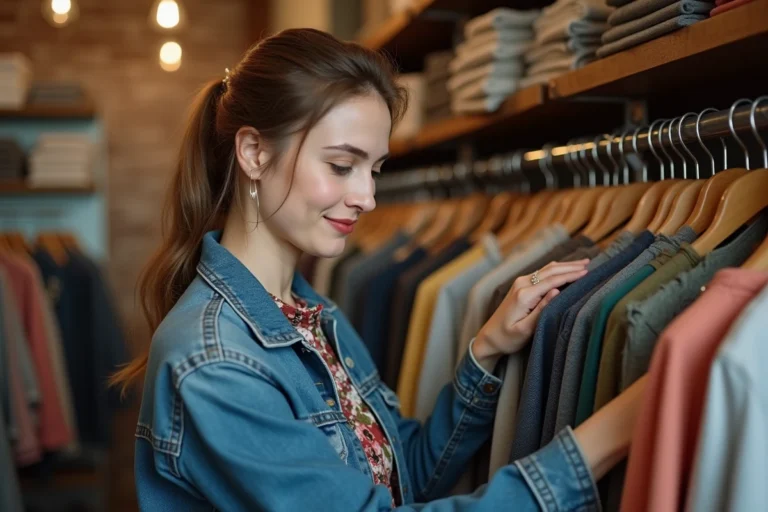 Jeune femme en veste en jean vintage explorant des vêtements de seconde main dans une boutique de fripes au décor chaleureux