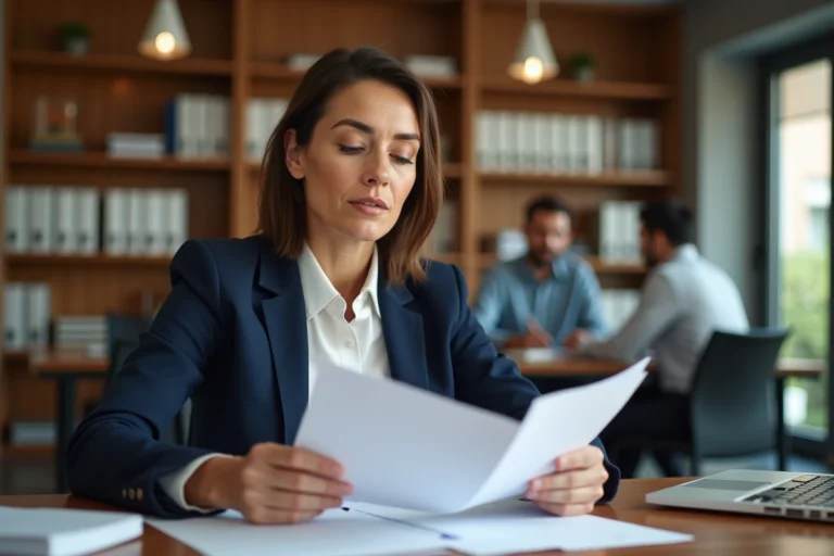 Femme cadre en entreprise comparant une note de service et une circulaire sur son bureau