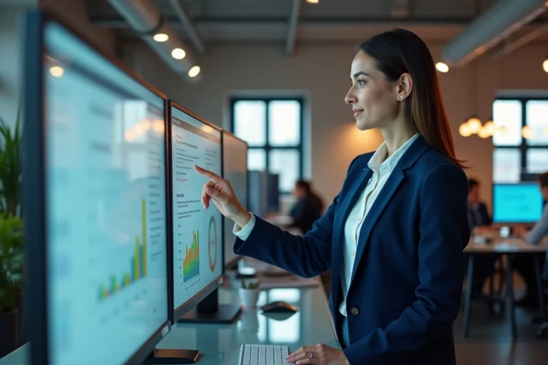 Femme cadre en blazer marine gérant une transformation numérique devant des écrans de tableau de bord dans un bureau moderne