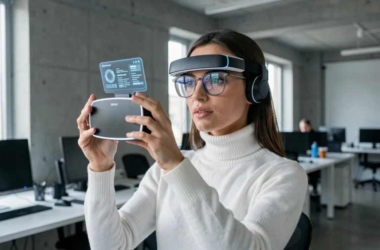 Femme testant un casque de réalité augmentée dans un bureau moderne, tendances technologiques 2024
