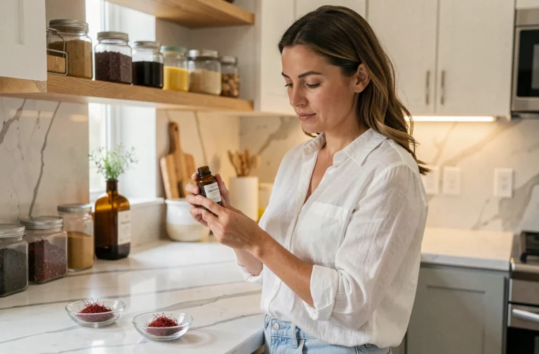 Femme examinant un complément alimentaire à base de safran dans une cuisine moderne, avec des filaments de safran visibles sur le plan de travail