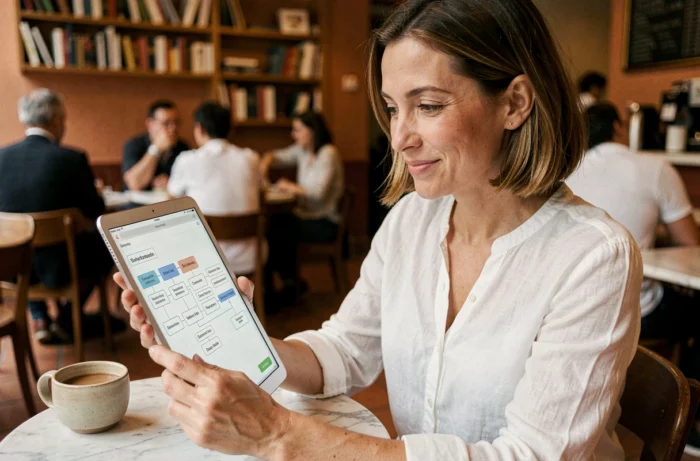 Femme consultant l'arborescence d'un site web sur une tablette dans un café urbain