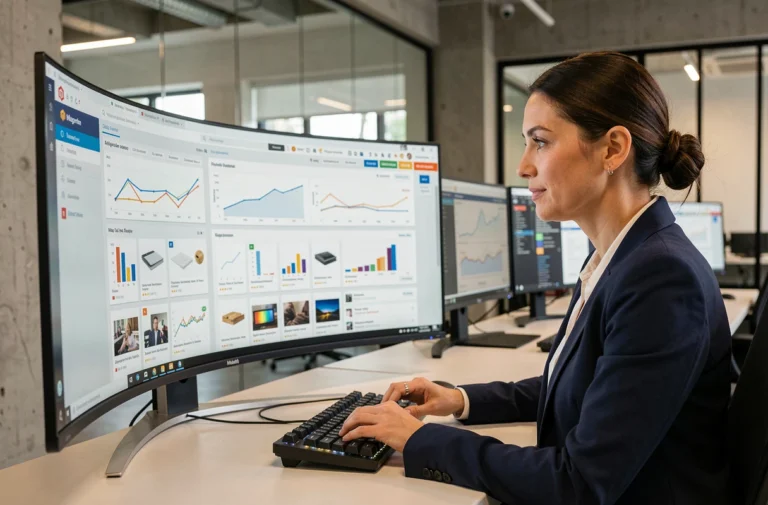 Femme développeuse optimisant une boutique en ligne Magento sur un écran de bureau moderne