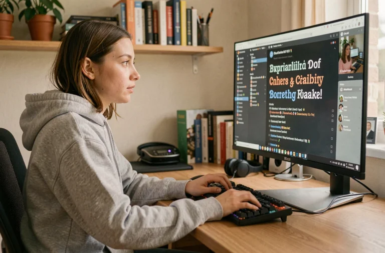 Jeune femme utilisant Discord sur un ordinateur de bureau pour modifier la police d'écriture dans un bureau à domicile moderne