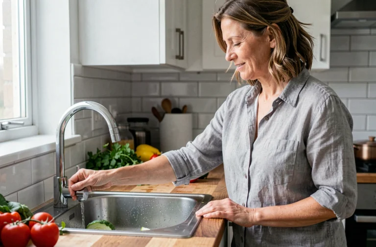 Femme fermant le robinet de cuisine après avoir rincé des légumes pour économiser l'eau au quotidien