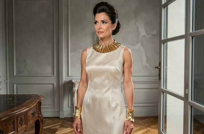 Femme portant un collier sculptural et manchette en or Torrente dans un appartement haussmannien contemporain