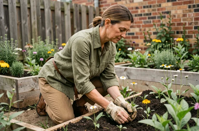 Une femme plante des fleurs sauvages indigènes dans un jardin communautaire urbain pour favoriser la biodiversité locale