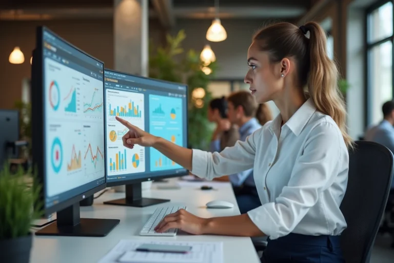 Femme professionnelle analysant des tableaux de bord de marketing digital sur un grand écran dans un bureau moderne