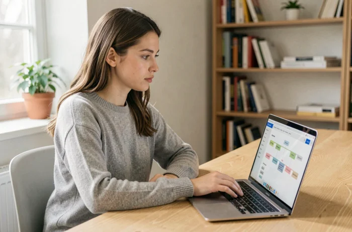 Jeune femme naviguant sur l'arborescence d'un site web sur son ordinateur portable dans un bureau à domicile
